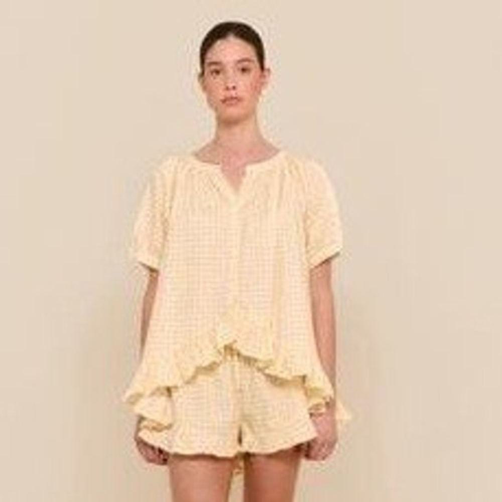 Piyama Womens Yellow Gingham Ruffle Hem Cotton Button Front Blouse Size Small